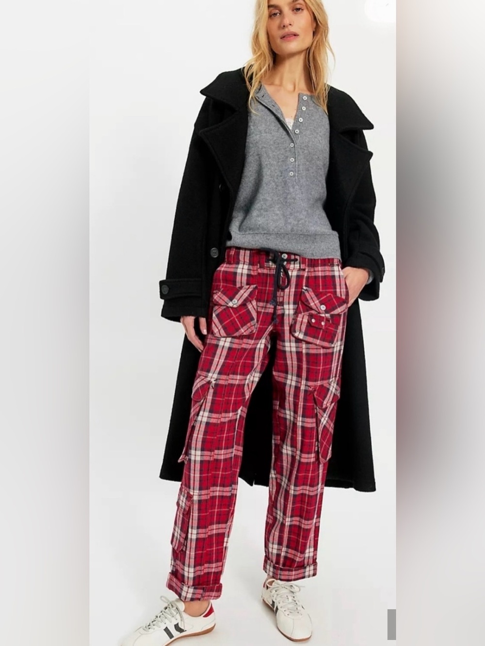 Free People Tahiti Plaid Cargo Pull Pants MSRP $168 medium m nwt red black